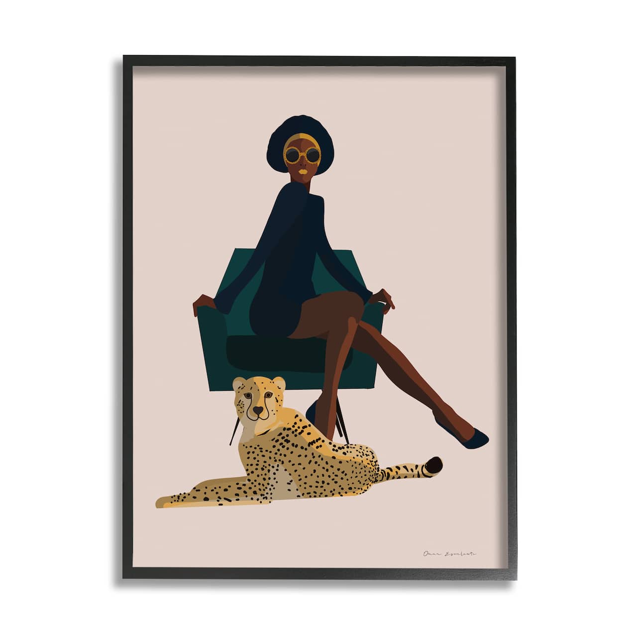 Stupell Industries Modern Fashion Pose Female Cheetah Cat Green Chair Framed Wall Art
